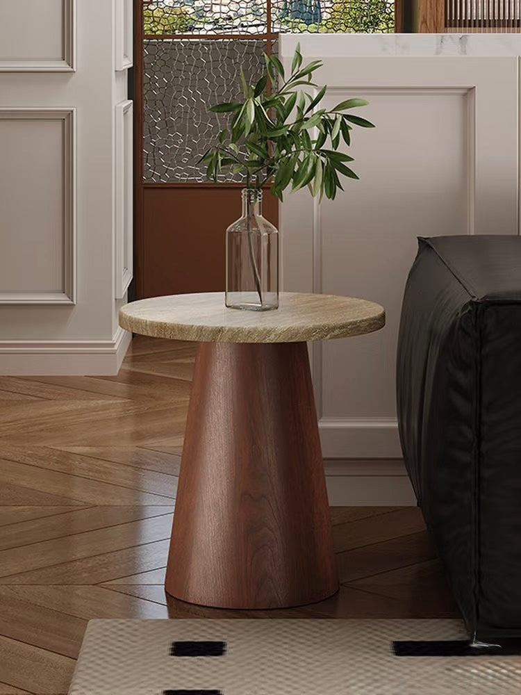 Travertine Top & Solid Walnut Tapered Base | Indoor-Outdoor Organic Modern Accent