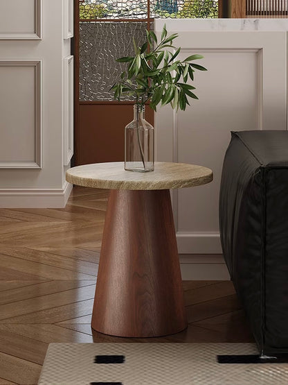 Travertine Top & Solid Walnut Tapered Base | Indoor-Outdoor Organic Modern Accent