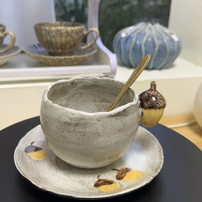 Artisan Acorn Handmade Ceramic Coffee Set | 3-Piece Wabi-Sabi Mug, Saucer & Spoon | Unique Forest-Inspired Gift