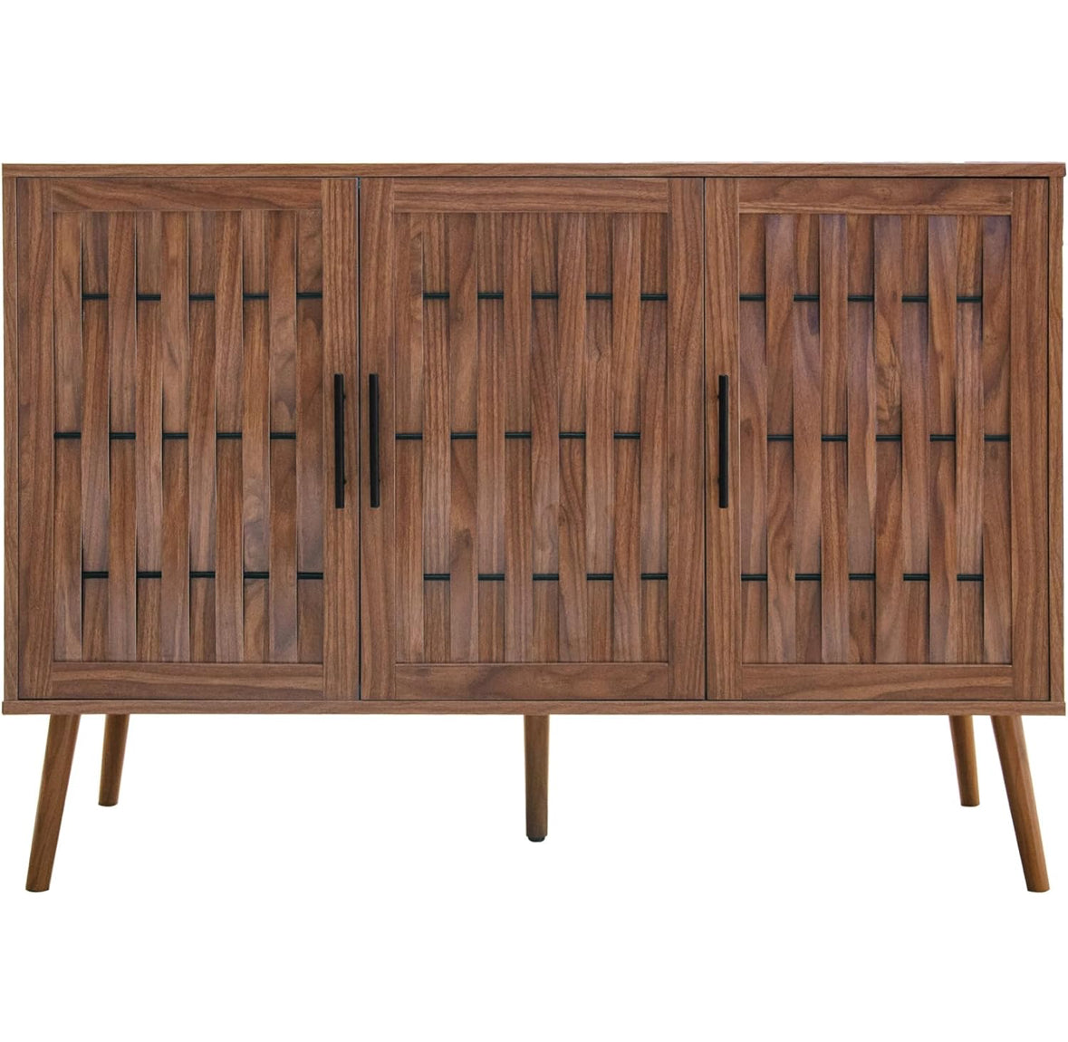 Mid-Century Modern 3-Door Storage Cabinet with Adjustable Shelves, Solid Pine Wood Legs, and Anti-Tip Design