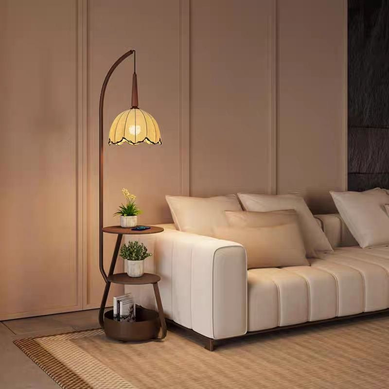 AUSI scalloped arc floor lamp with built-in wood side table and shelves, vintage petal shade living room lighting