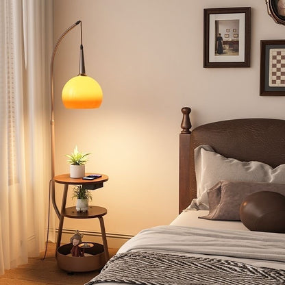 Arc Floor Lamp with Side Table & Shelves – Mid-Century Modern Globe Reading Lamp