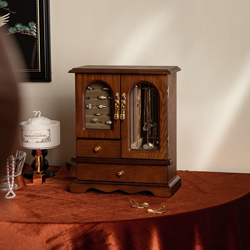Vintage Wooden Jewelry Box Cabinet with Glass Doors