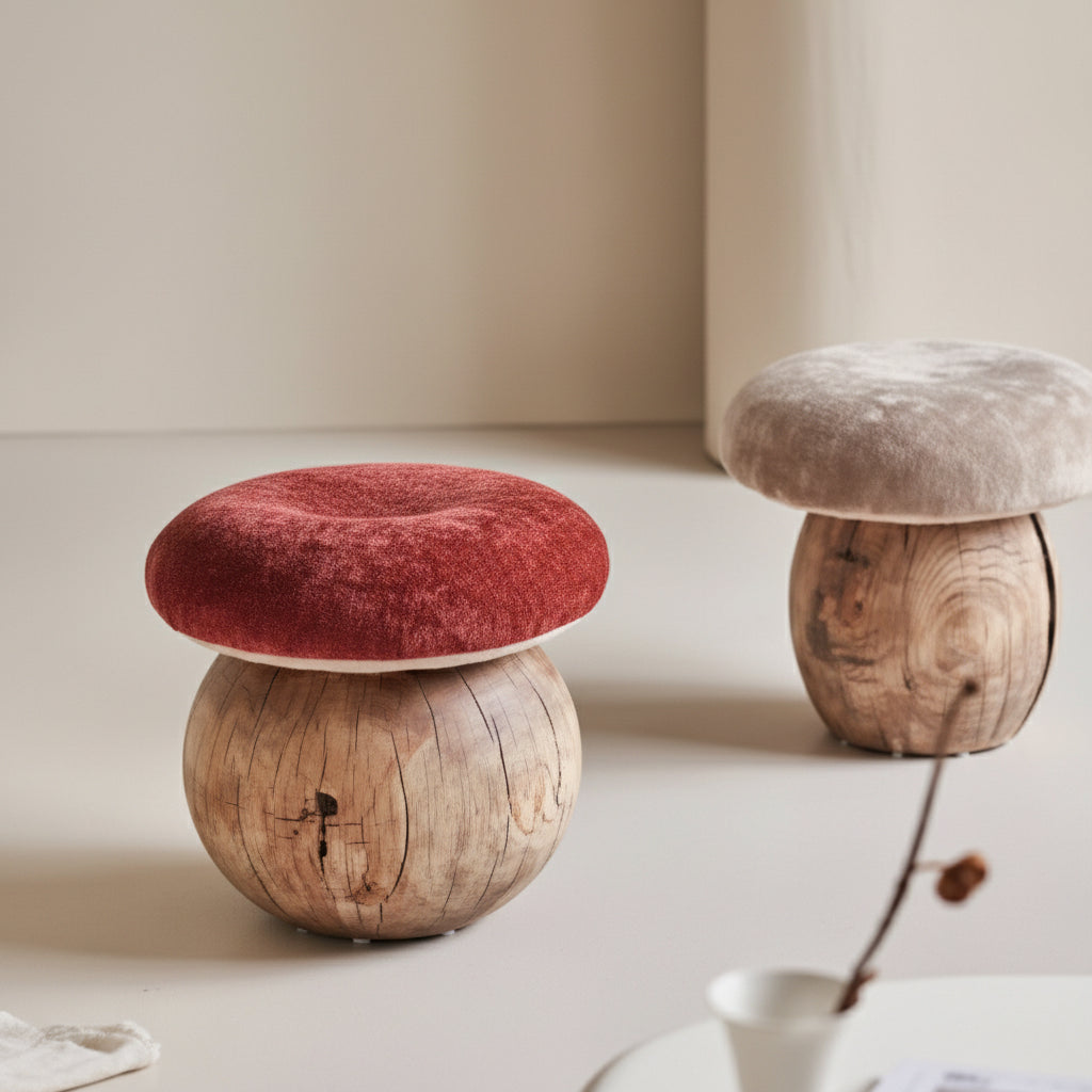A pair of mushroom-shaped wooden stools in a minimalist indoor setting. The foreground stool features a textured red felt cap and a round natural wood base, with a small stack of books on top.