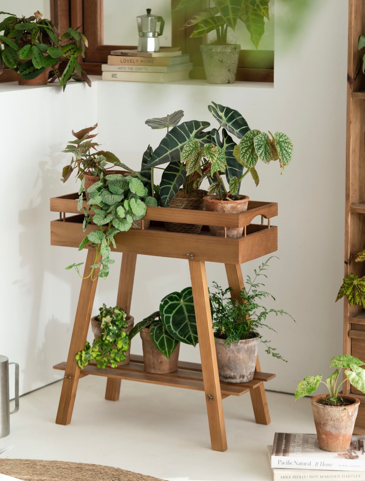 Japandi 2-Tier Solid Wood Plant Stand – Minimalist Indoor Garden Console Wooden Plant Stand – Tray Top Console & Display Shelf