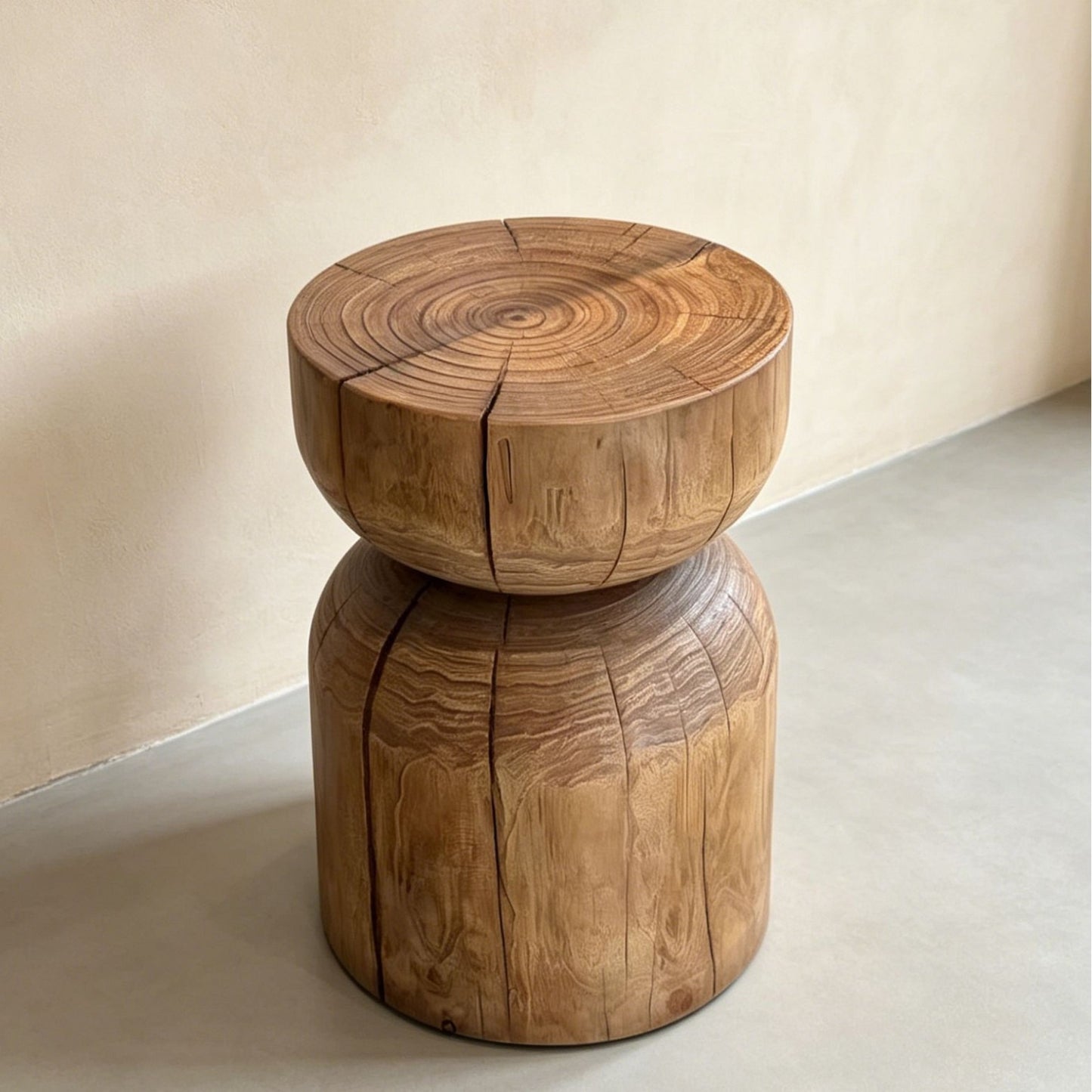Sculptural Geometric Solid Wood Stool & Side Table