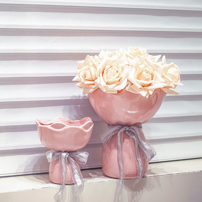 Blush Bouquet Ceramic Vase – Handcrafted Ruffled Decorative Flower Pot with Silver Ribbon