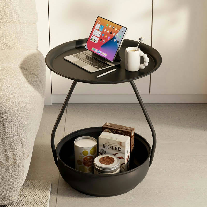 Modern Nesting Coffee Table – Round Metal Side Tables with Storage Basket for Living Room, Bedroom, Balcony, and Office