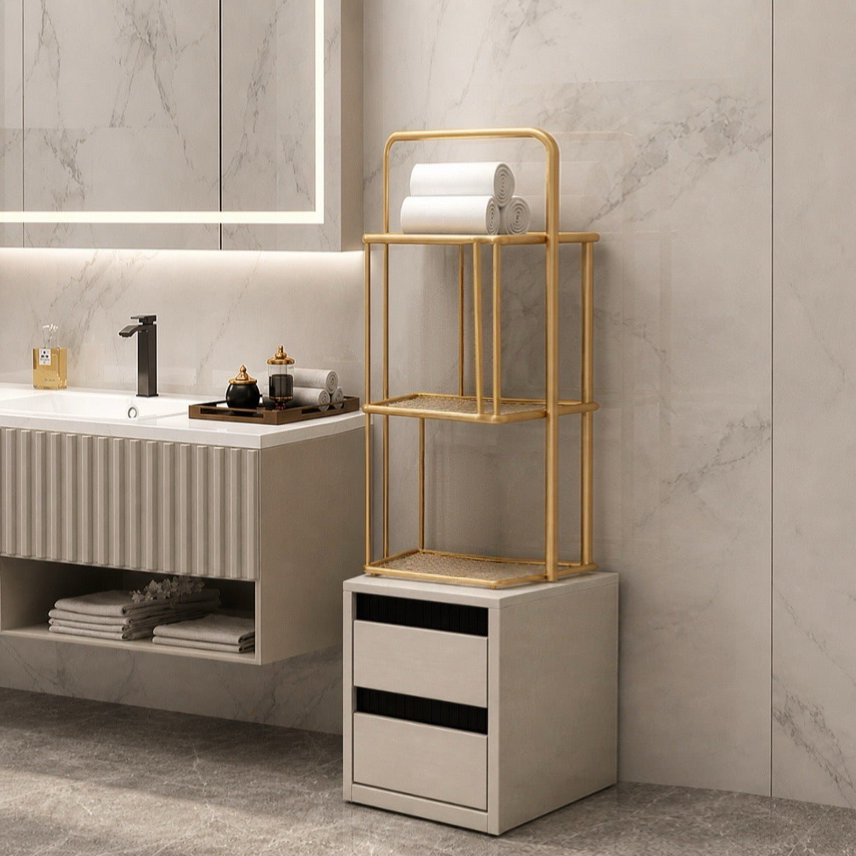 Narrow white vertical cabinet used as a space-saving drawer stand in bathroom