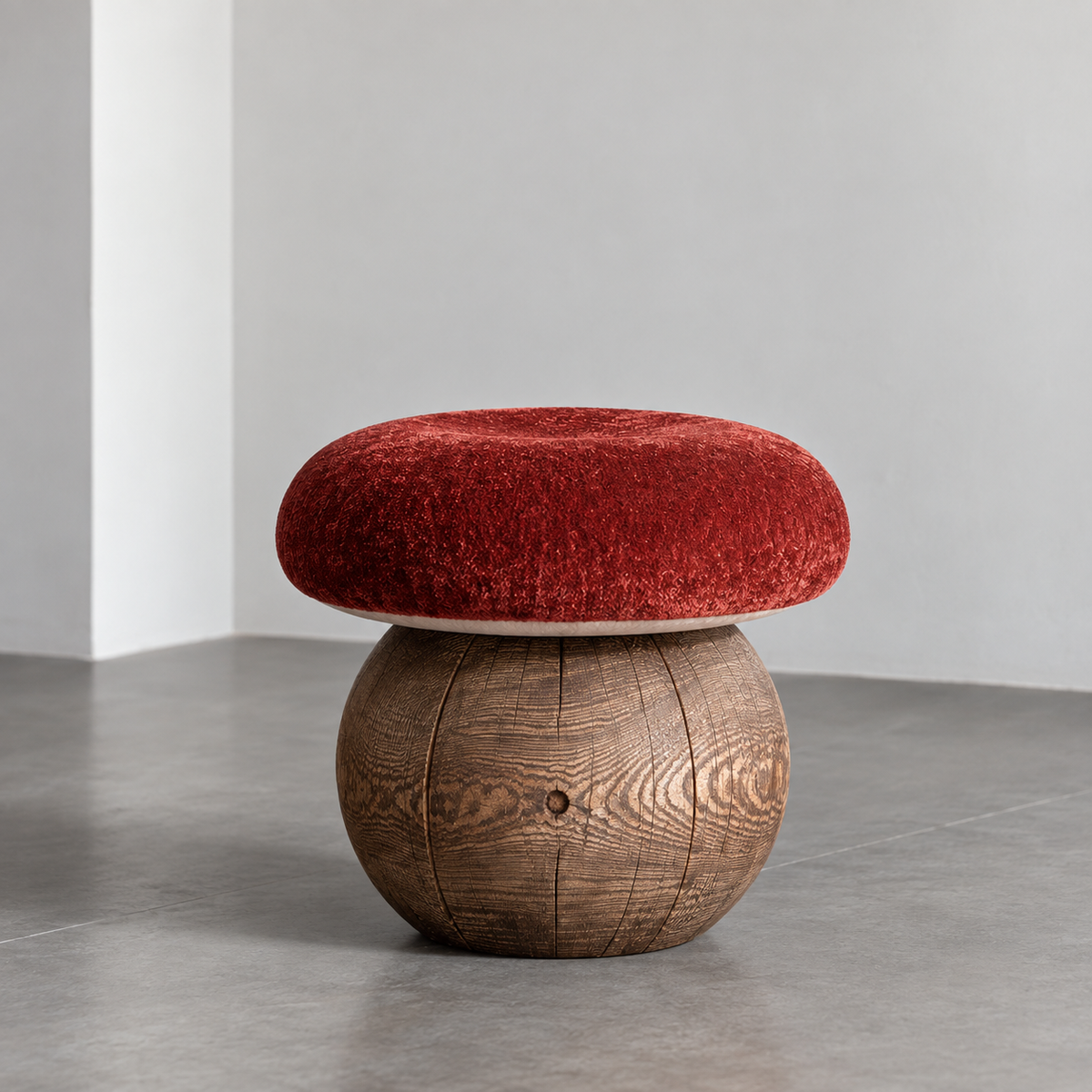 Ausi modern mushroom-shaped stool with a round red velvet cushion on top of a spherical wooden base, set in a minimalist gray room.