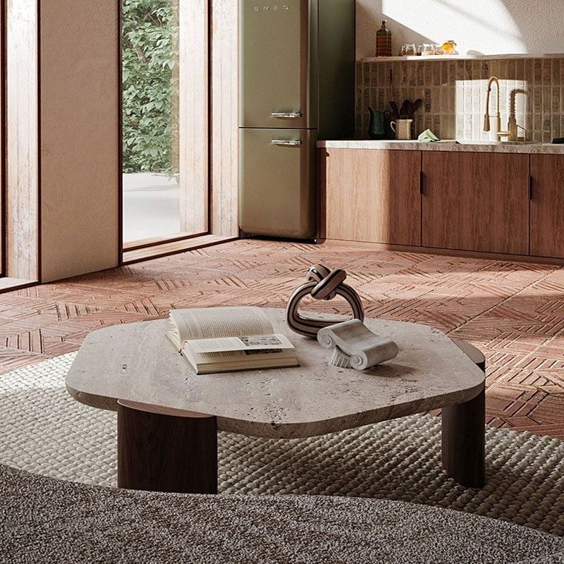 Organic Travertine Coffee Table | Round Stone Coffee Table with Solid Wood Legs