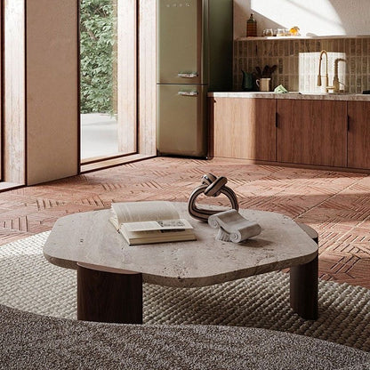 Organic Travertine Coffee Table | Round Stone Coffee Table with Solid Wood Legs