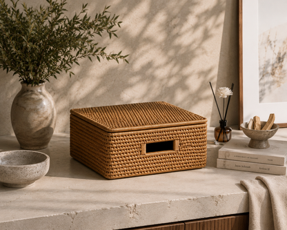 Handmade Woven Rattan Basket with Lid – Multi-Size Storage Box for Bathroom, Closet, or Living Room