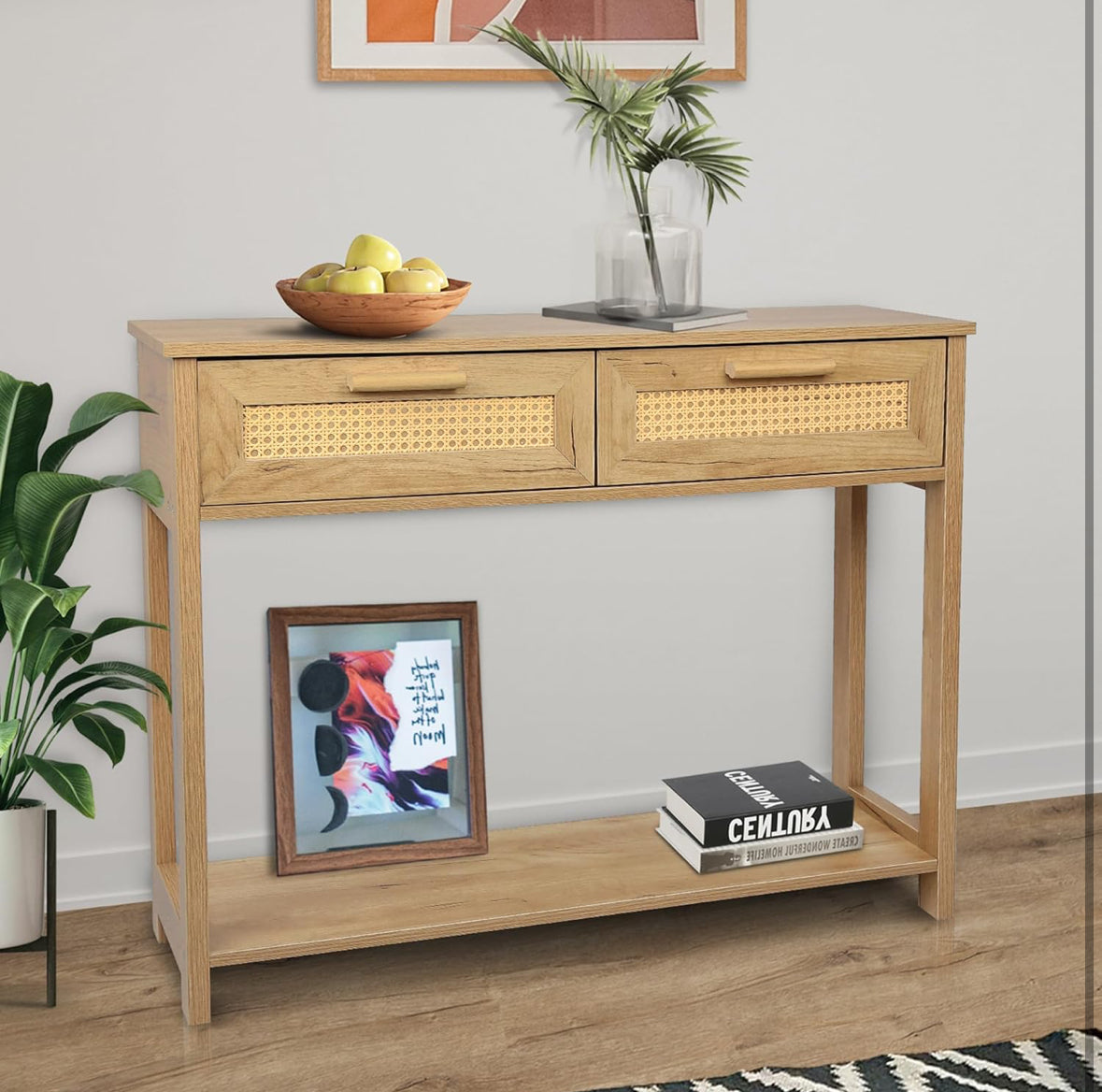 Rattan Accent Console Table with Dual Drawers and Open Shelf, Minimalist Style