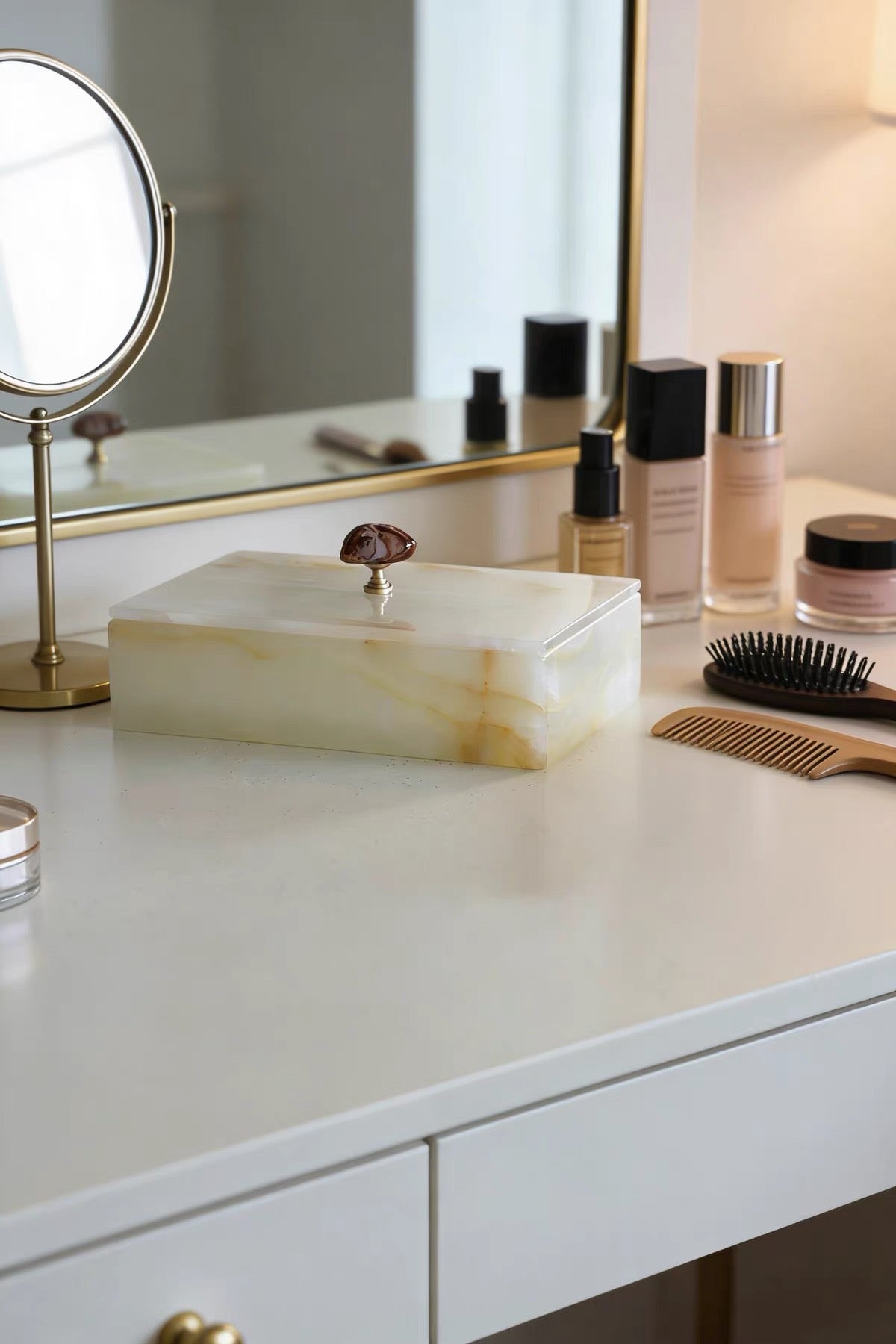 Artisan White Onyx Keepsake Box | Genuine Natural Stone Jewelry Box with Ornate Gold Handle | Unique Luxury Home Deco