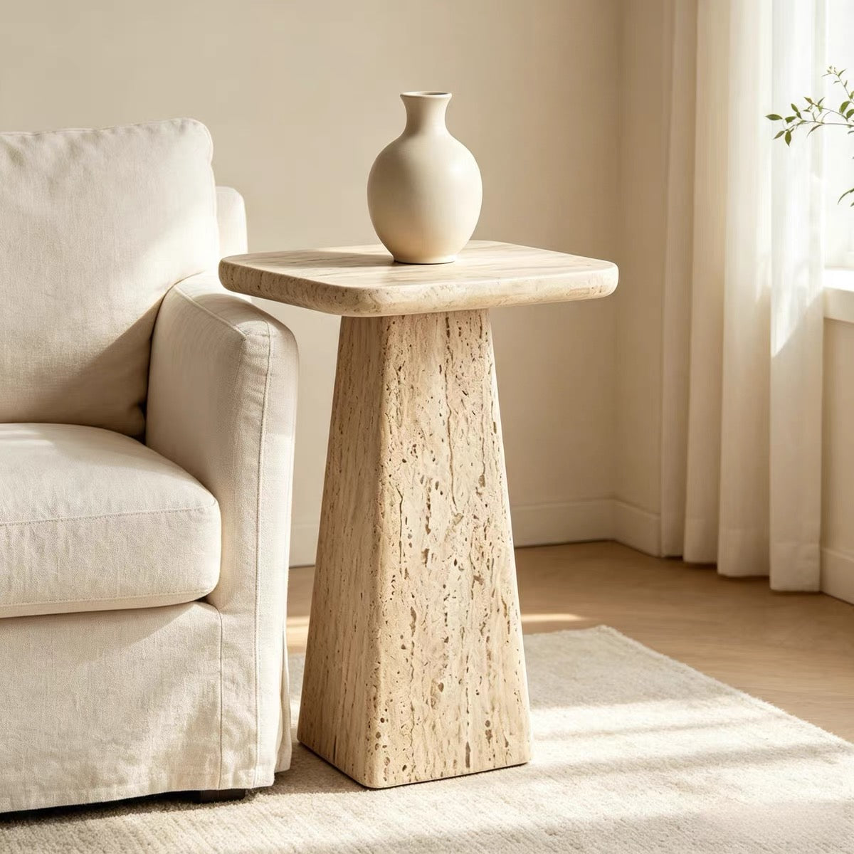 Custom Travertine Pedestal Side Table | Natural Stone End Table, Sculpture Display Stand & Accent Table