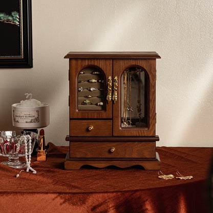 Vintage Wooden Jewelry Box Cabinet with Glass Doors