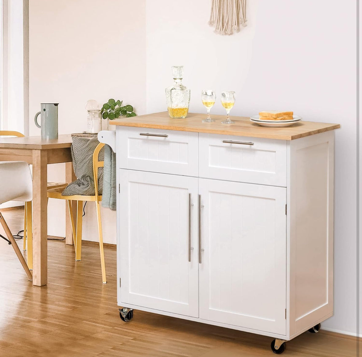 Rolling Kitchen Island Cart with Storage – White Cabinet, Wood Countertop, Drawers, Shelves, and Towel Rack