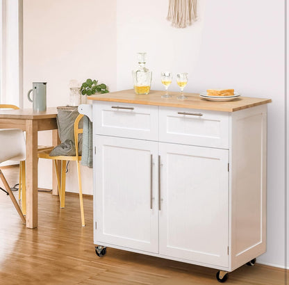 Rolling Kitchen Island Cart with Storage – White Cabinet, Wood Countertop, Drawers, Shelves, and Towel Rack