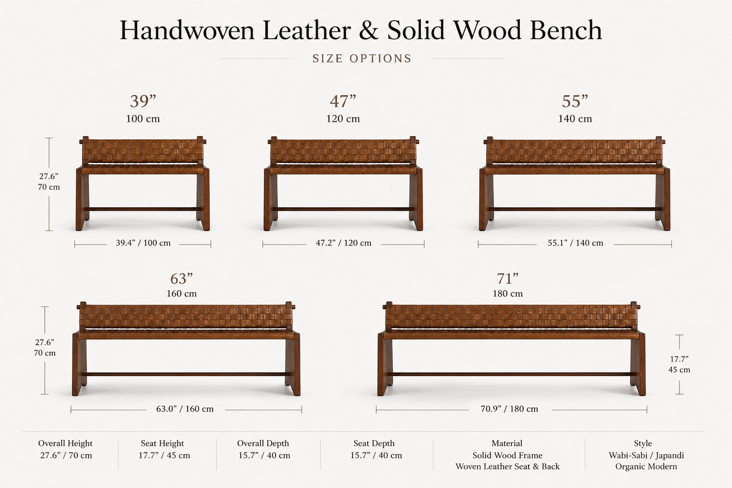 Handwoven Leather & Solid Wood Bench