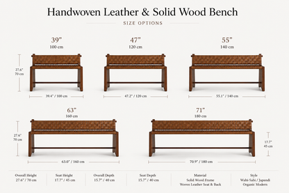Handwoven Leather & Solid Wood Bench