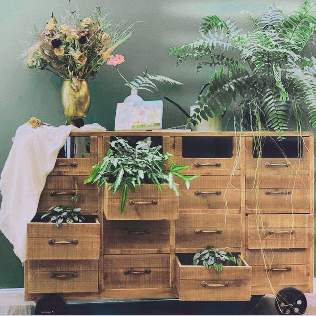 Vintage Multi-Drawer Wooden Cabinet on Wheels