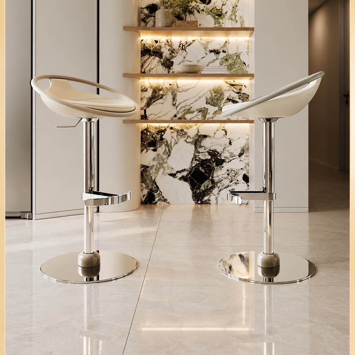 Sculptural 360° Swivel Bar Stool — Ivory & Polished Stainless Steel