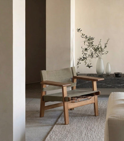 Spanish Chair | Solid Wood & Saddle Leather Sling Lounge Chair