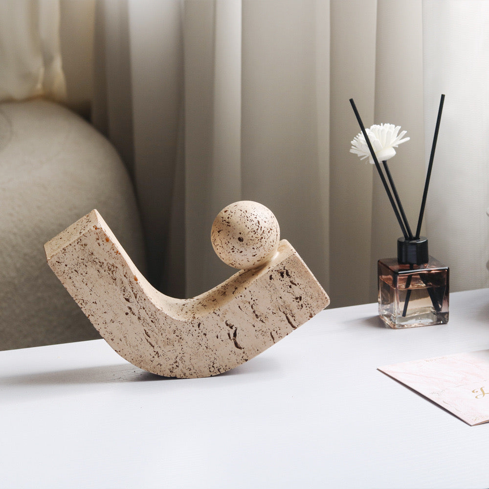 Modern Abstract Balance Sculpture – Travertine Stone Art Piece for Desk & Home Decor