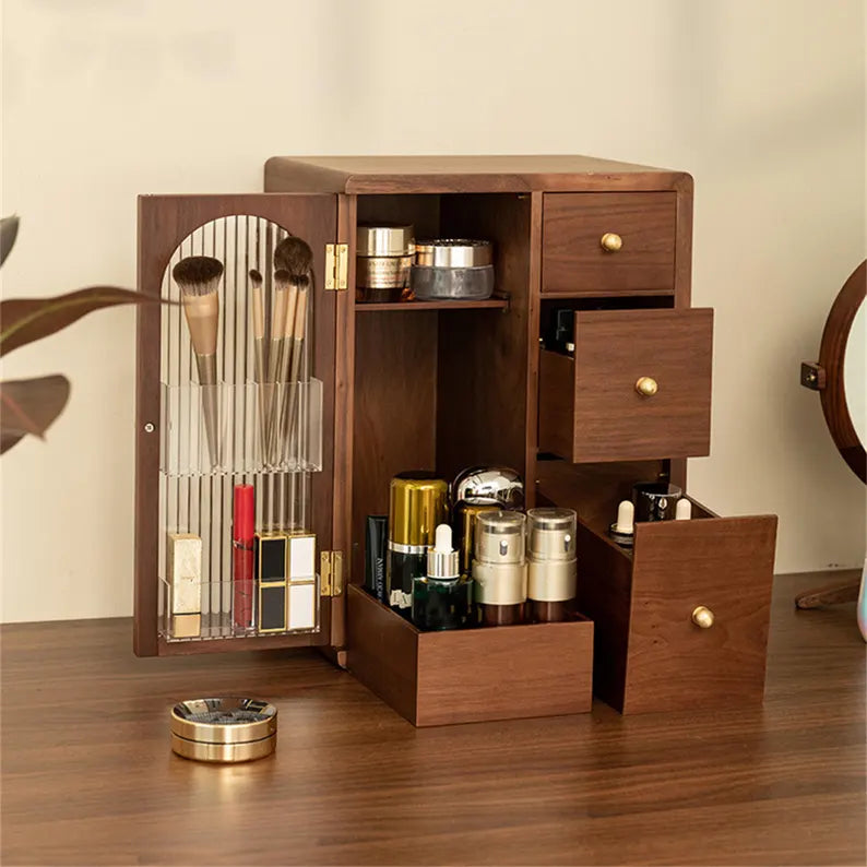 Luxury Wooden Makeup Organizer with Drawers and Brush Holder – Elegant Storage for Cosmetics and Skincare