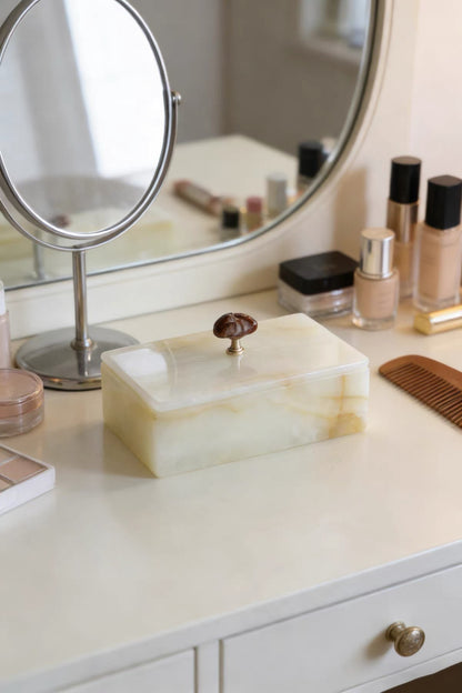 Artisan White Onyx Keepsake Box | Genuine Natural Stone Jewelry Box with Ornate Gold Handle | Unique Luxury Home Deco