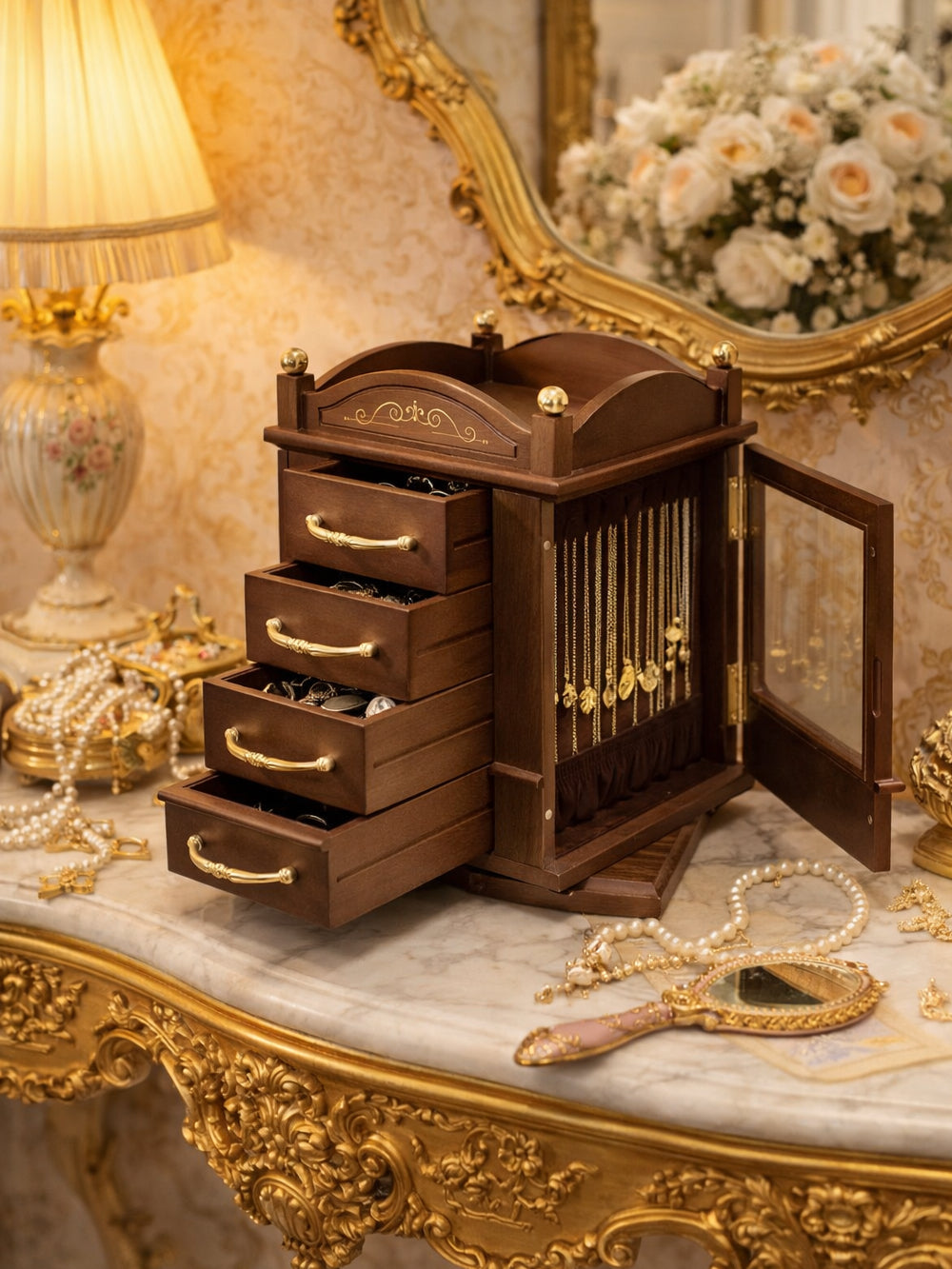 Rotating Wooden Jewelry Organizer with Drawers