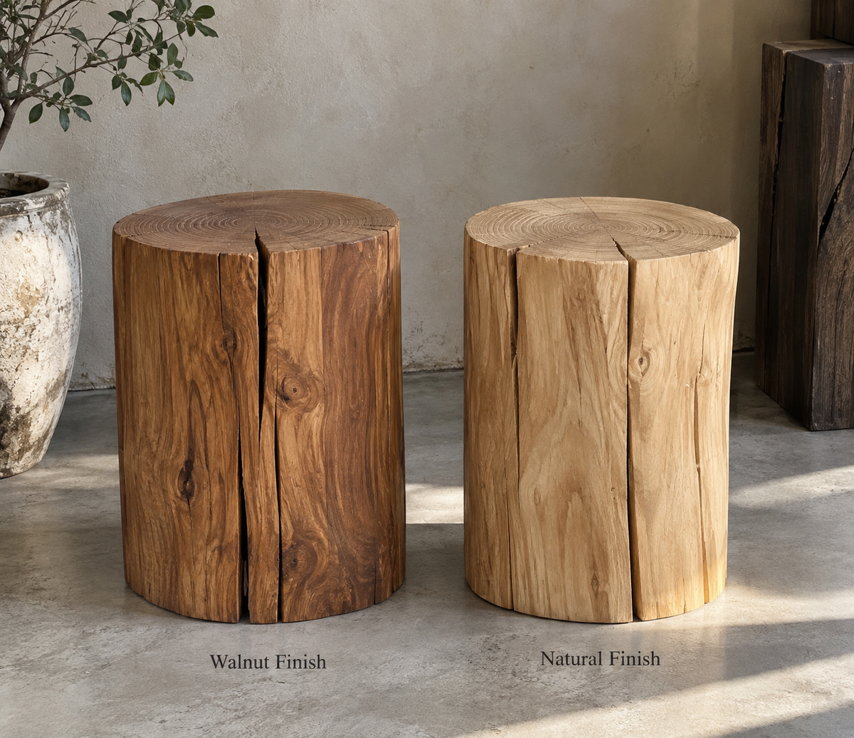 AUSI Solid Wood Log Pedestal – Natural & Walnut Finish | Rustic Wood Side Table, Sculpture Stand & Display Plinth