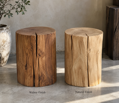 AUSI Solid Wood Log Pedestal – Natural & Walnut Finish | Rustic Wood Side Table, Sculpture Stand & Display Plinth