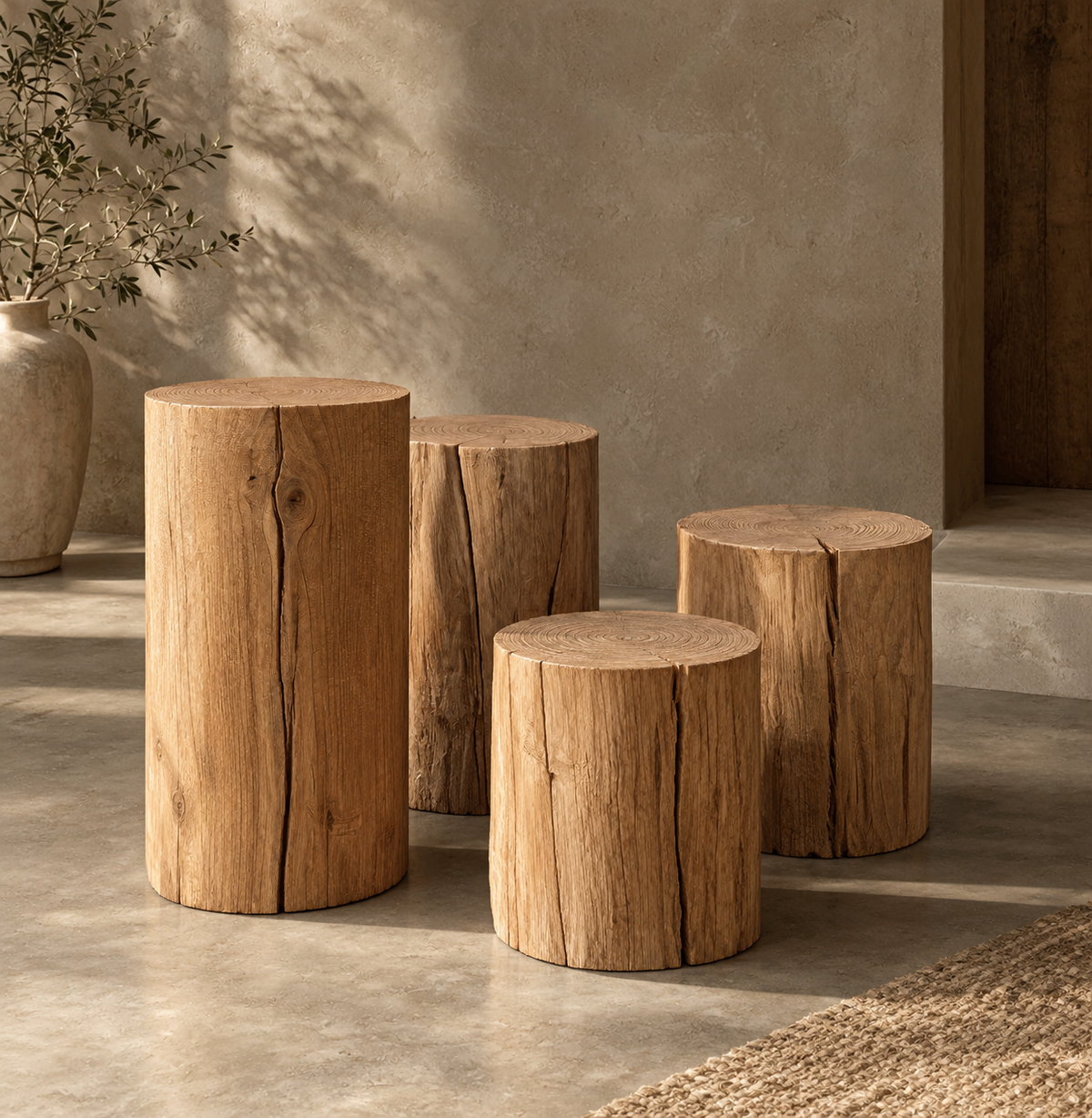 AUSI Solid Wood Log Pedestal – Natural & Walnut Finish | Rustic Wood Side Table, Sculpture Stand & Display Plinth