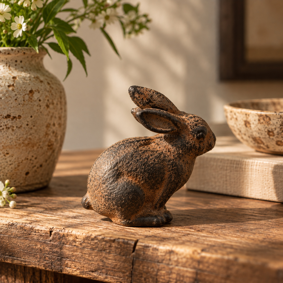 Vintage Cast Iron Rabbit Figurine – Rustic Bunny Sculpture & Decorative Object