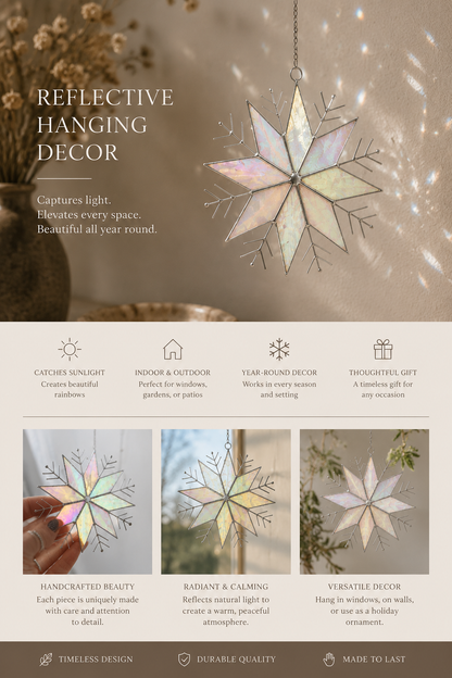Stained Glass Snowflake Ornament – Handmade Iridescent Sun Catcher