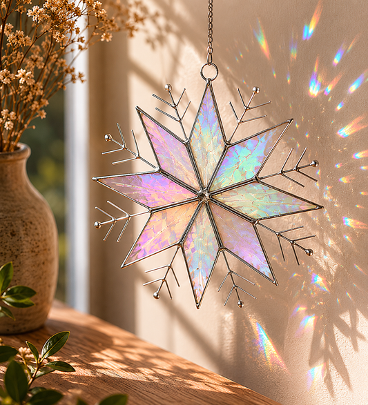 Stained Glass Snowflake Ornament – Handmade Iridescent Sun Catcher