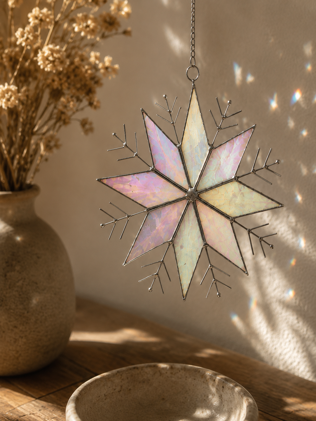 Stained Glass Snowflake Ornament – Handmade Iridescent Sun Catcher