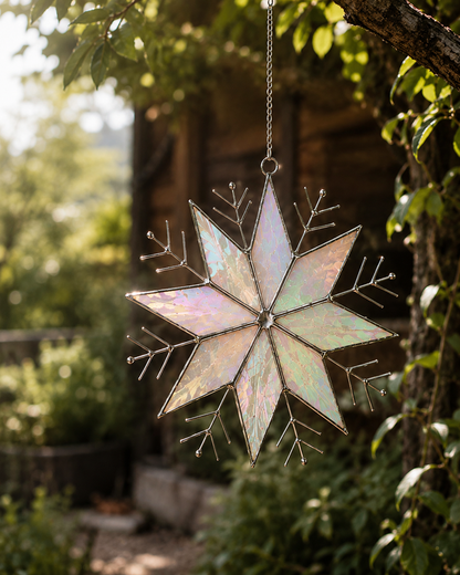 Stained Glass Snowflake Ornament – Handmade Iridescent Sun Catcher