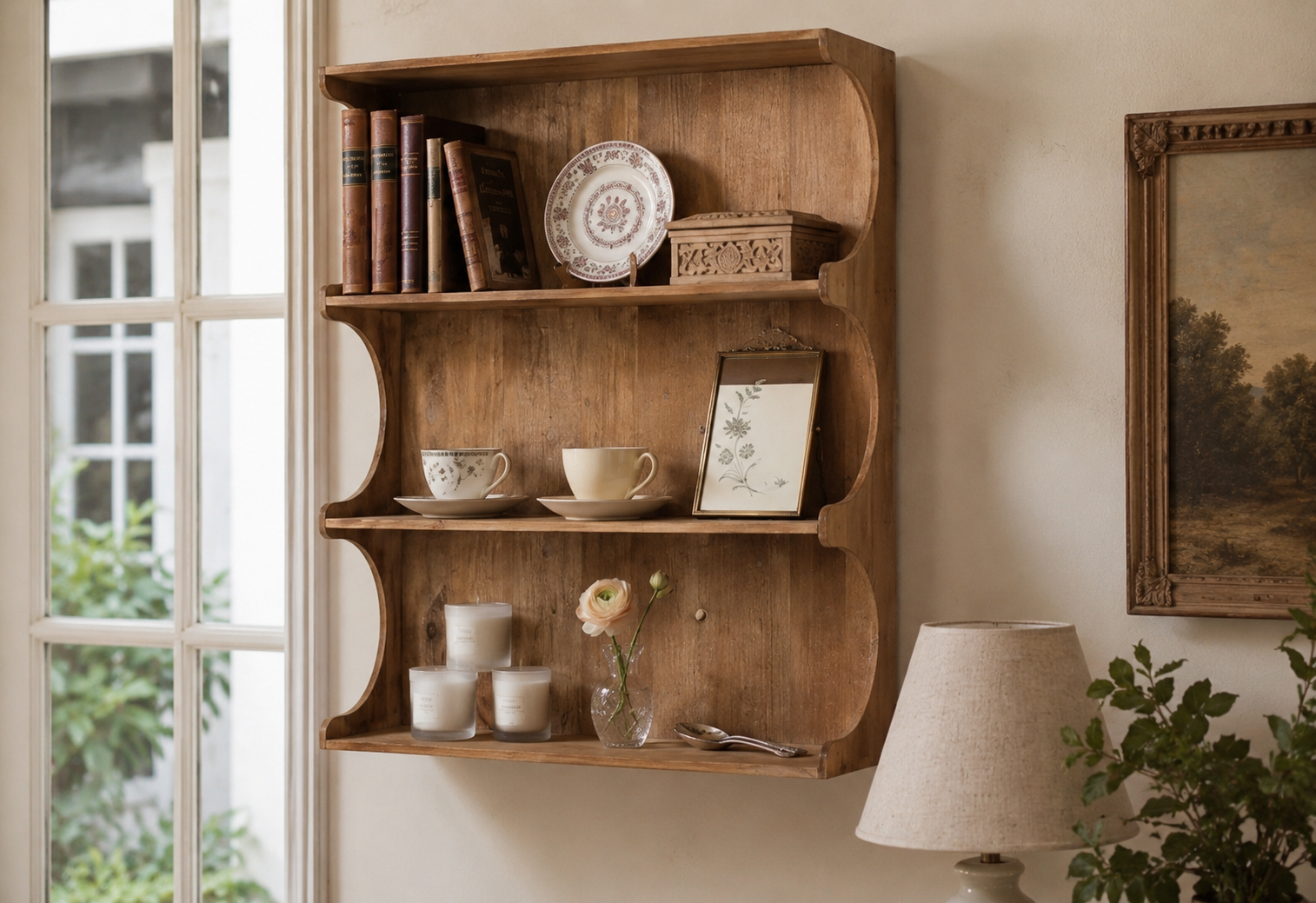 Wooden shelf with decorative items in a room with a painting and lamp.