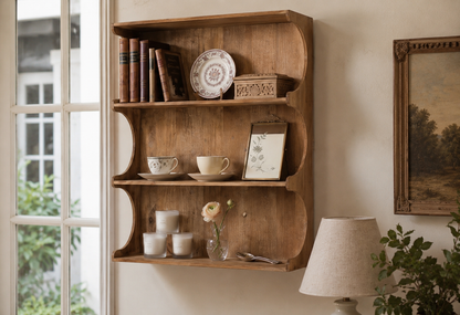 Wooden shelf with decorative items in a room with a painting and lamp.