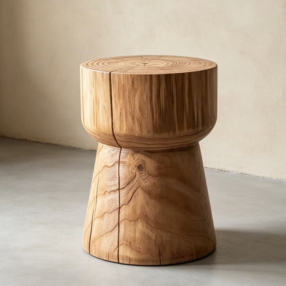 Sculptural Geometric Solid Wood Stool & Side Table