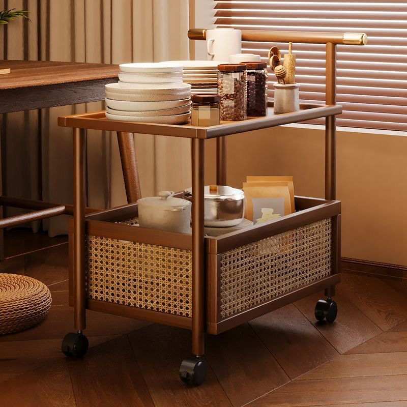 Multifunctional Rattan Rolling Cart – Wooden Bar Cart with Storage Basket, Mobile Kitchen Trolley, Bedside Table, or Sofa Side Table – Stylish & Versatile for Living Room, Bedroom, or Dining Area