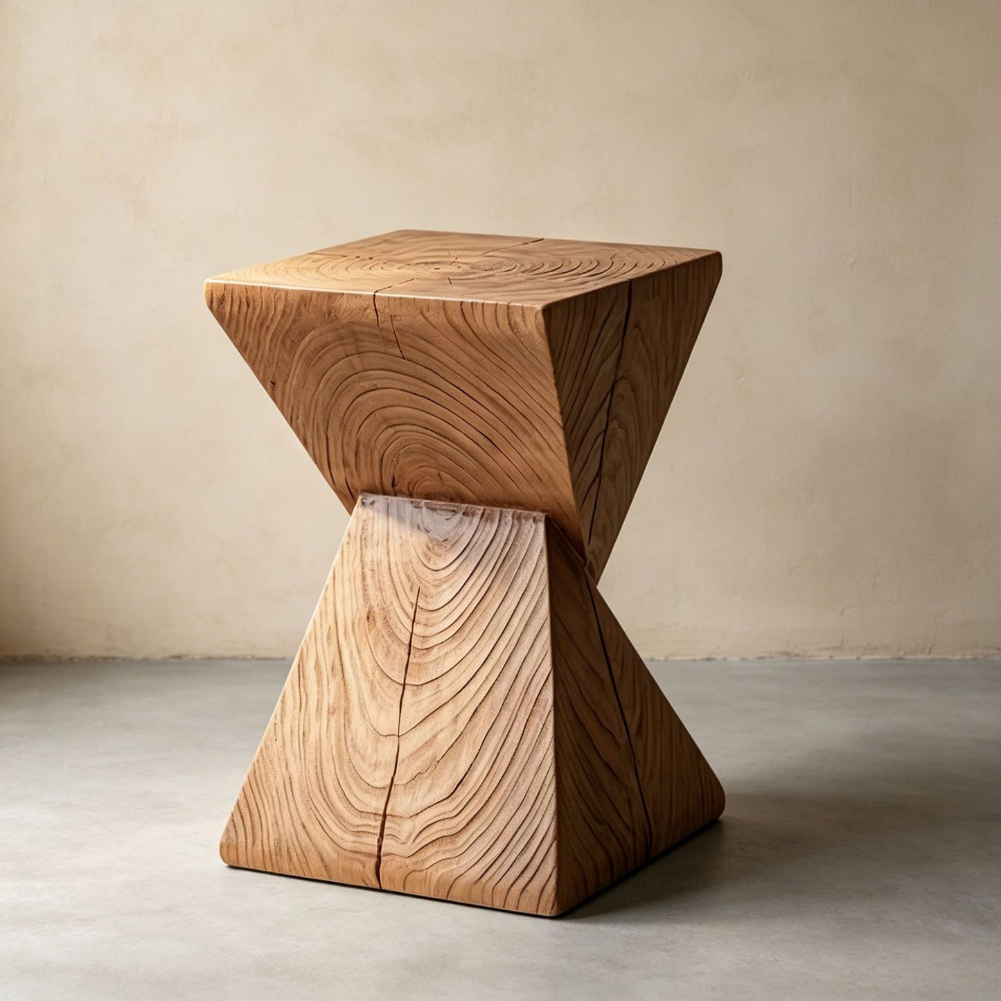 Sculptural Geometric Solid Wood Stool & Side Table