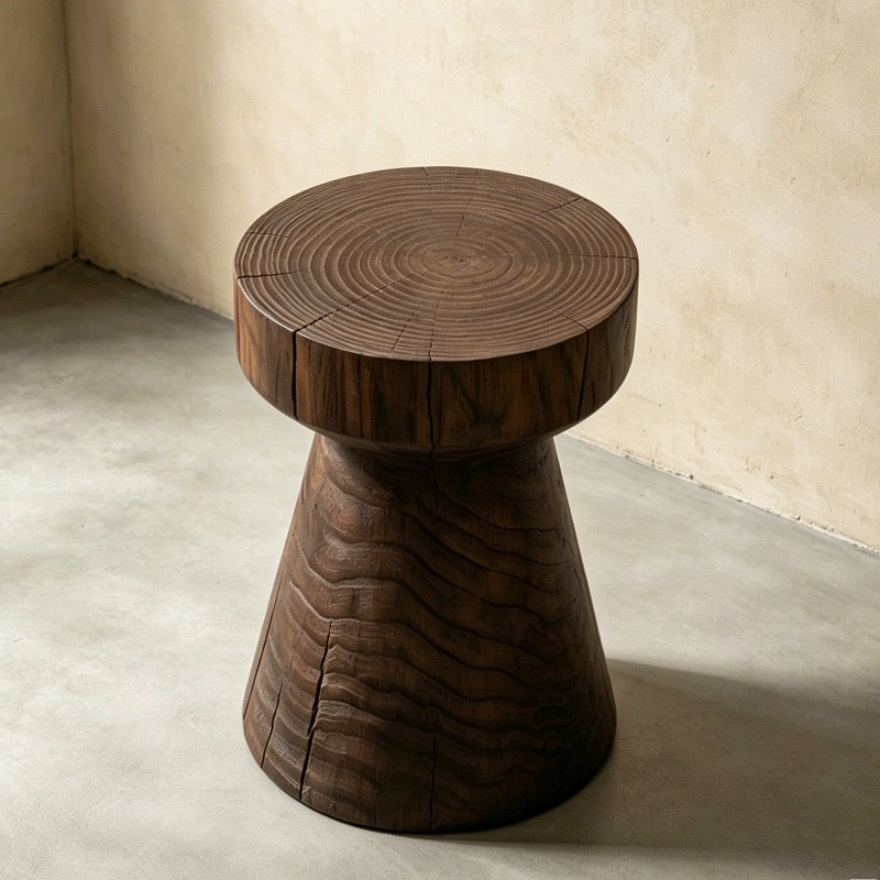 Sculptural Geometric Solid Wood Stool & Side Table
