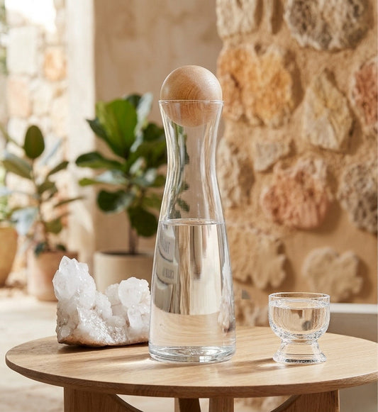Mod Naturalist Decor, Bedside Water Carafe with Wood Ball, Minimalist Glass Decanter, Scandi Style Glassware, Aesthetic Nightstand Water Bottle, Spherical Wood Stopper Carafe, Japandi Kitchen Accessories, Eco-friendly Hostess Gift, Sculptural Home Decor 2026.