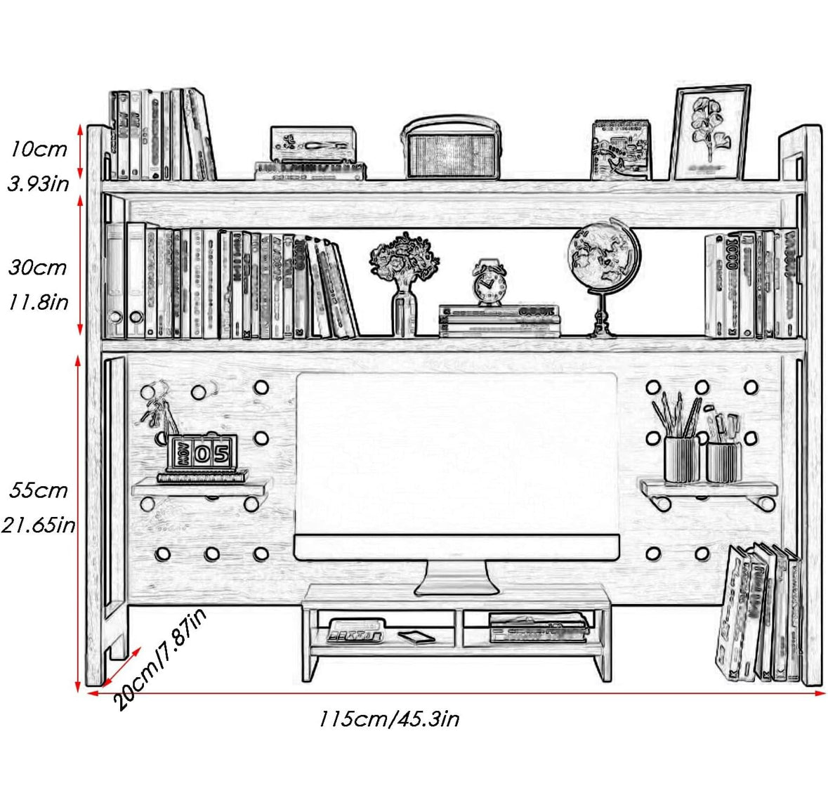 Adjustable Wooden Desktop Organizer Shelf with Pegboard – Multifunctional Bookshelf for Home Office