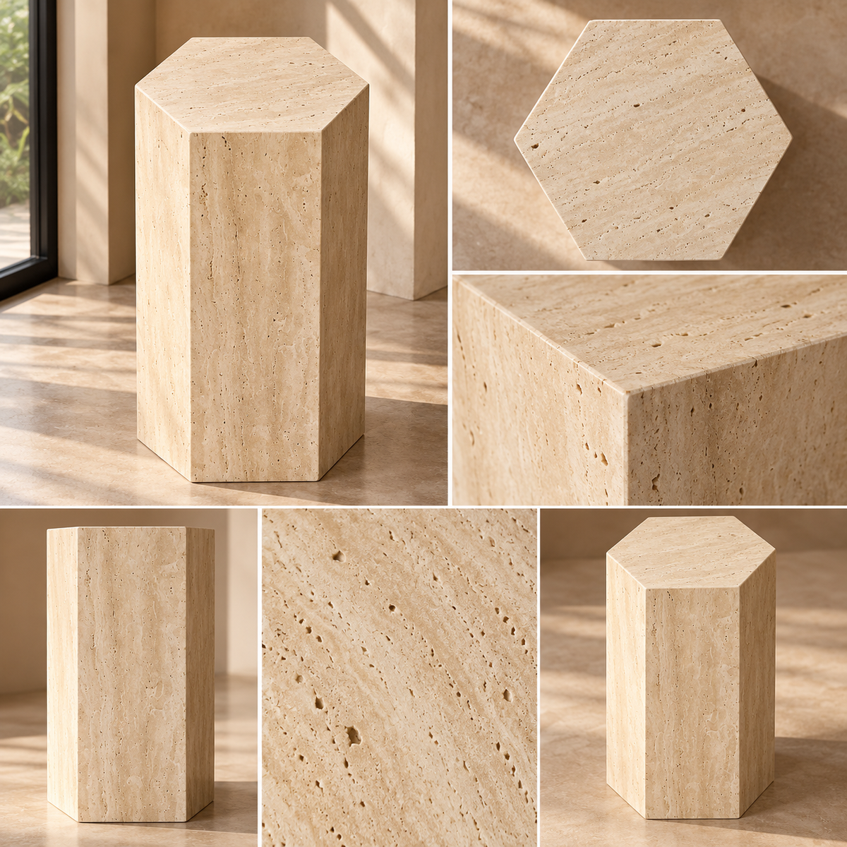 Hexagonal Travertine Pedestal | Natural Stone Display Plinth, Sculpture Stand & Side Table