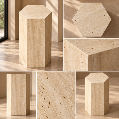 Hexagonal Travertine Pedestal | Natural Stone Display Plinth, Sculpture Stand & Side Table